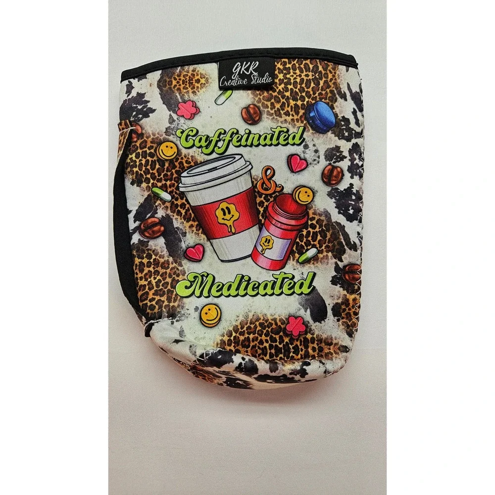 Creative Studio Caffeinated & Medicated Leopard Cow Print Drink Sleeve Koozie